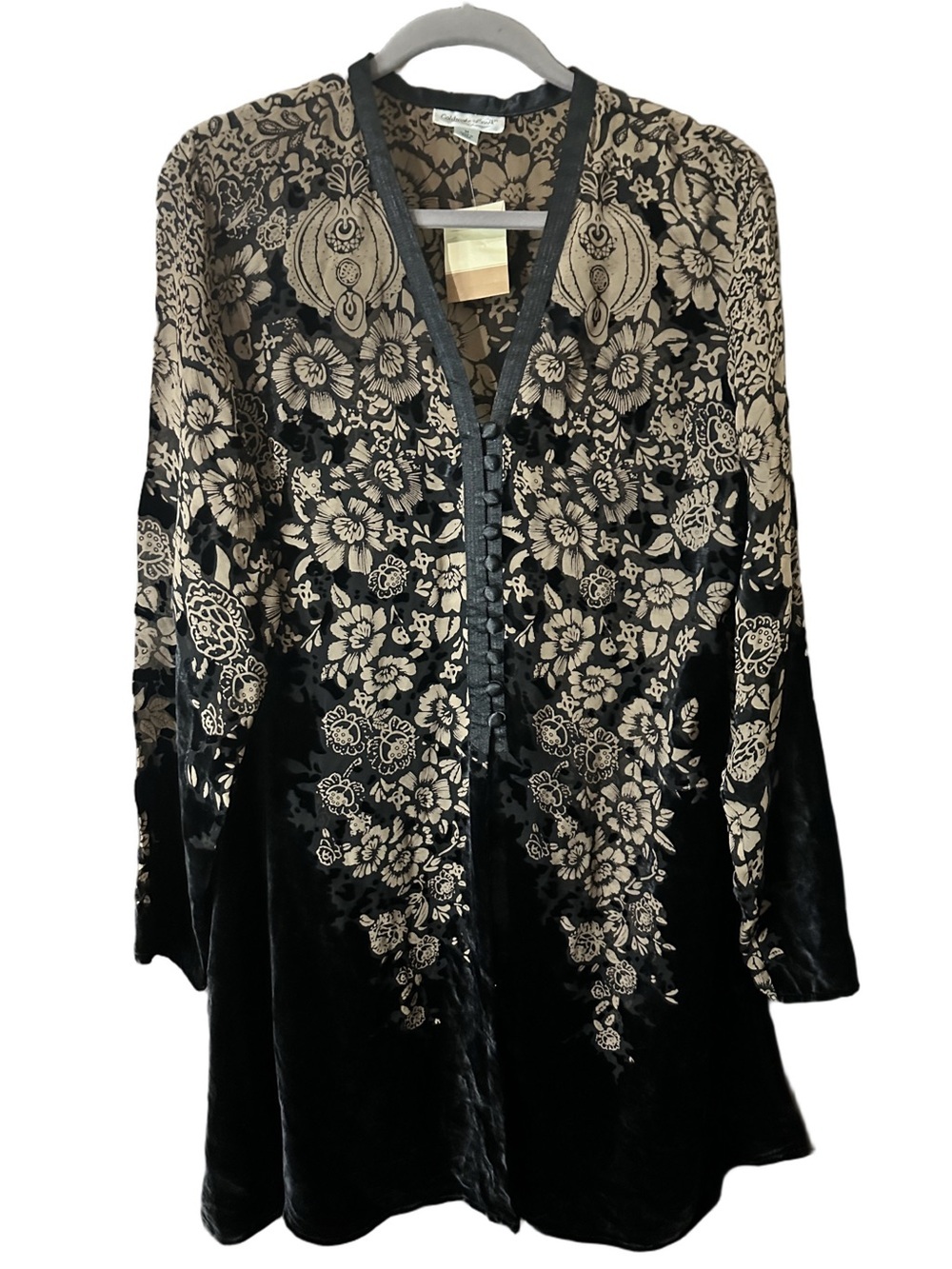 Coldwater Creek Long Sleeve Button-Up Velvet Tunic Top in Black & Beige Sz M NWT